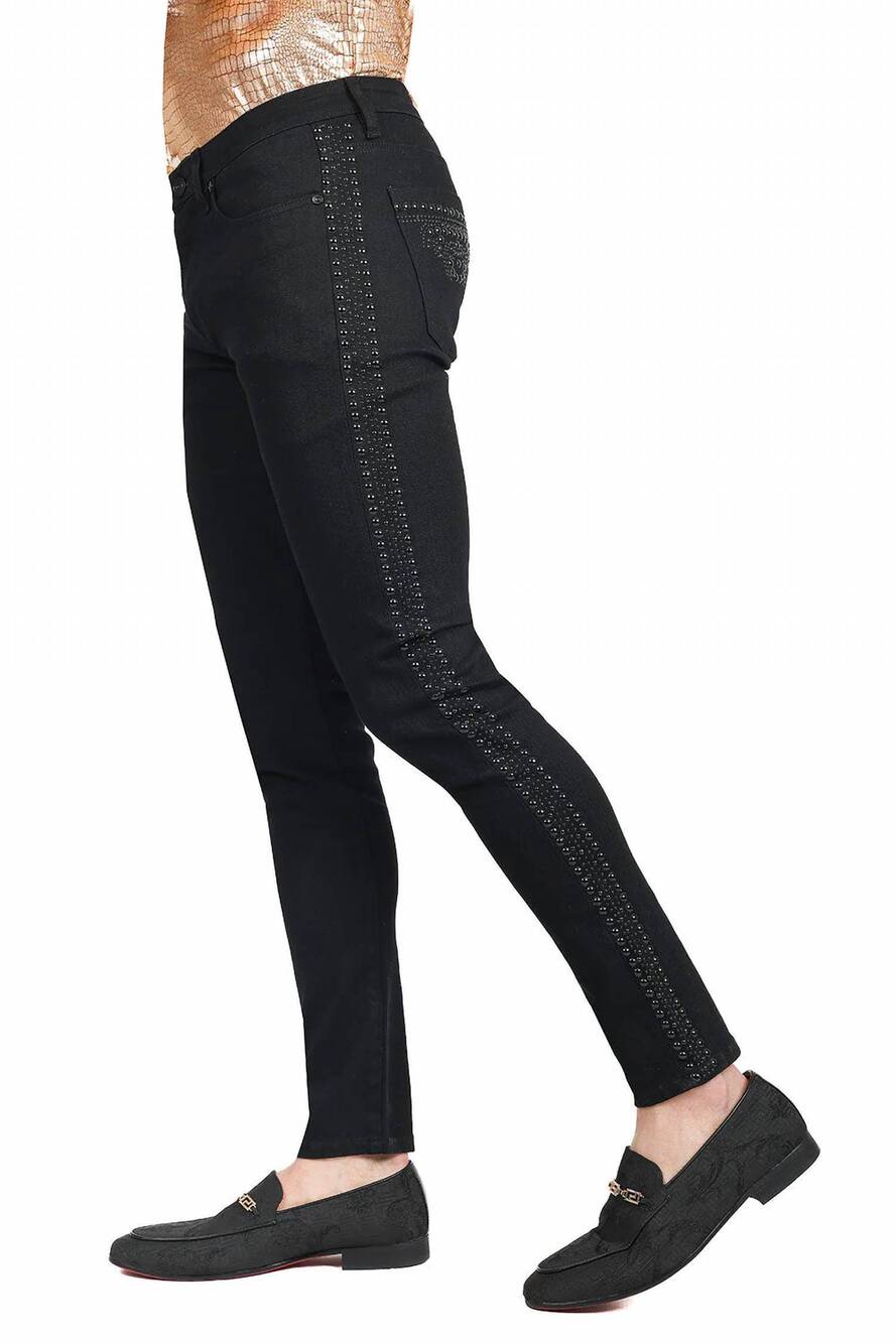NEW BARABAS bad boy studded slim fit jeans in black gold